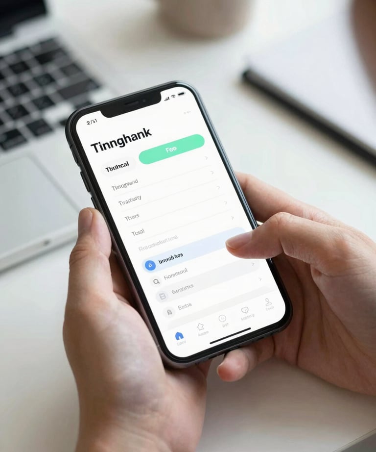 A high-angle shot of a person using a minimalist financial tracking app on a smartphone in a bright office.