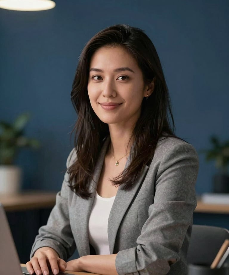 A professional portrait of a female designer in a modern office setting. She is looking at the camera with a friendly expression. Soft indigo background.
