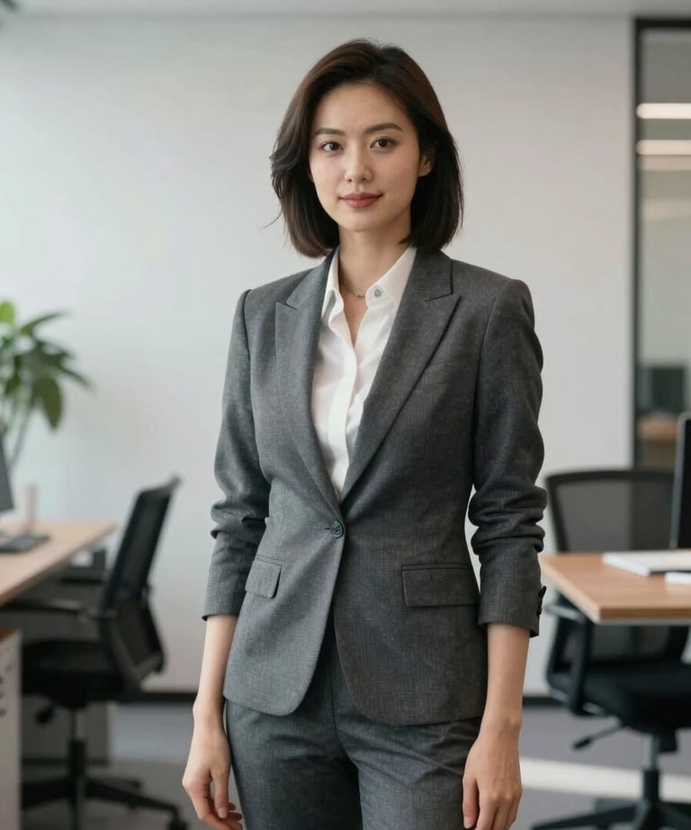 A bright studio shot of a female marketing specialist in a professional blazer, standing in a minimalist North American office.
