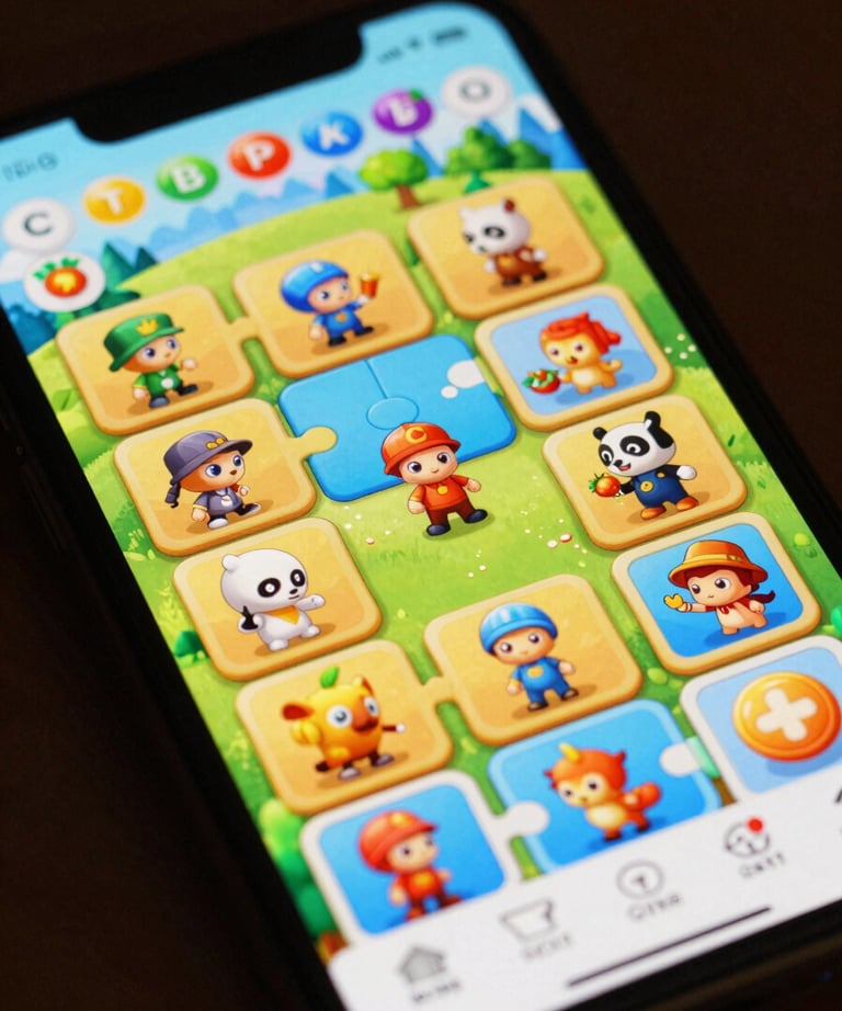 A close-up of a smartphone screen showing a vibrant, colorful puzzle game interface with playful characters.
