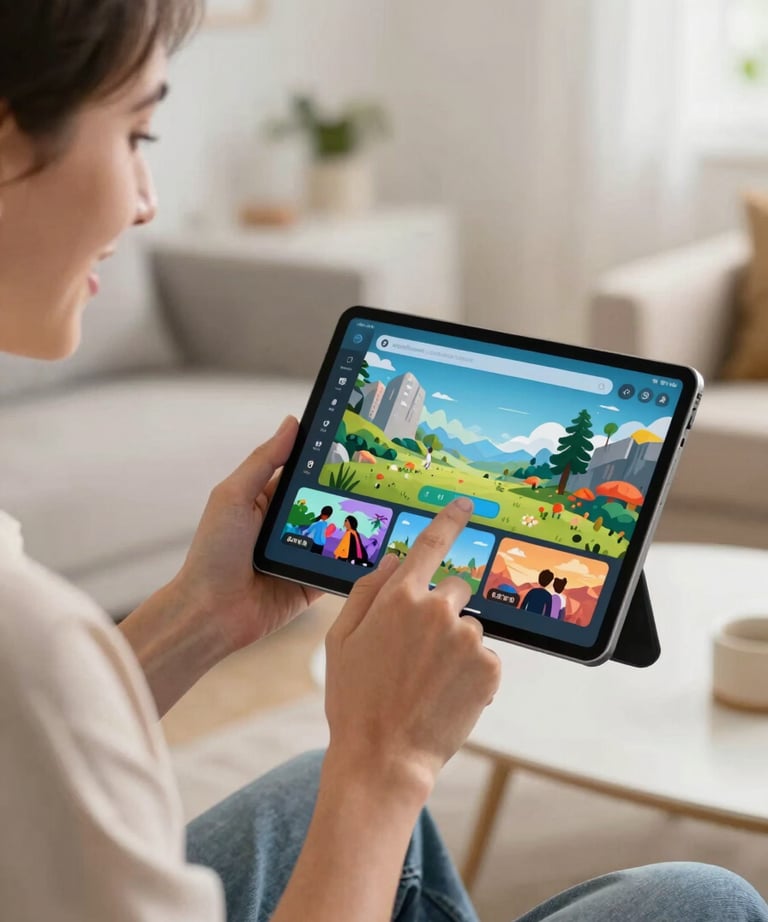 A North American young adult, smiling, casually interacting with a sleek Android tablet, showcasing a vibrant and engaging mobile game or productivity app. Their hands are visible, demonstrating ease of use. The background is a modern, light-filled living space or co-working environment, slightly out of focus to draw attention to the device and user. Soft, natural light illuminates the scene, conveying a sense of relaxed innovation and user-friendliness. The shot is a medium close-up, capturing the joyful interaction, with the subject offset to the left and a calm area on the right.