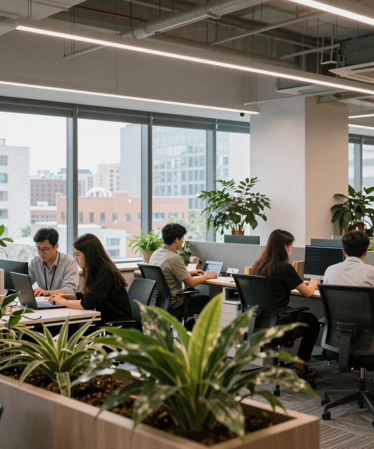 Team collaborating around a table with digital devices and paperwork.