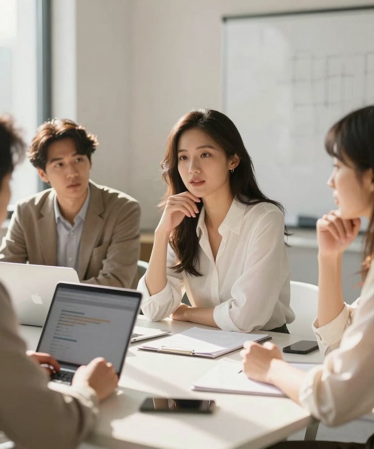 Professional candid photography of a marketing team brainstorming in a sun-drenched, modern studio. Tan and off-white color scheme. International.