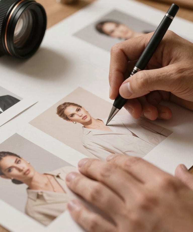 Close-up photography of a high-end designer working on campaign visual concepts. Focus on hands and creative tools. Warm tan lighting.