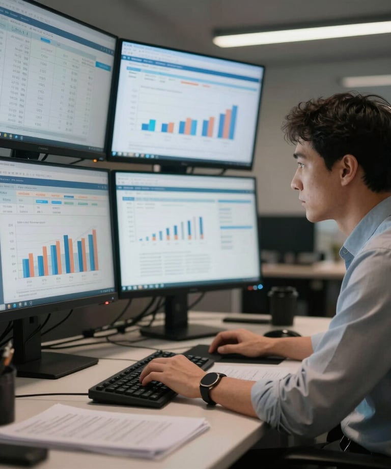 A candid shot of an analyst reviewing performance data on multiple screens in a dimly lit, high-end office environment. Steel blue and off-white tones.