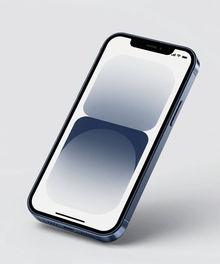 Minimalist photography of a sleek smartphone displaying a modern mobile application interface with steel blue accents. Bright, high-end studio lighting.