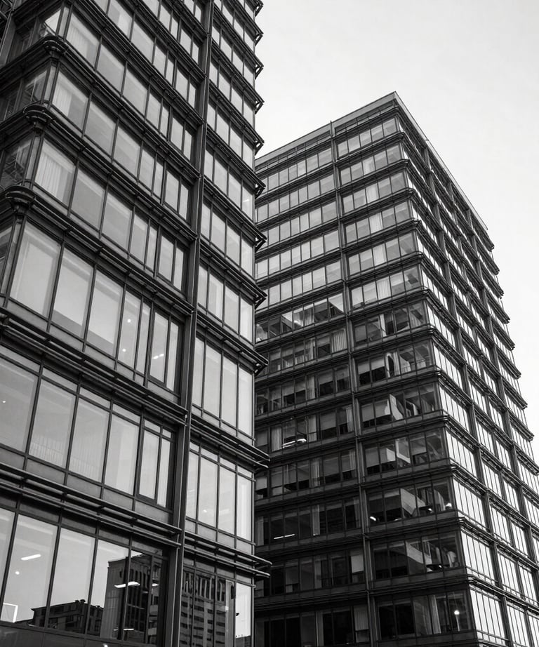 A high-contrast black and white photograph of modern office architecture, conveying a professional and dynamic atmosphere. Steel blue accents.
