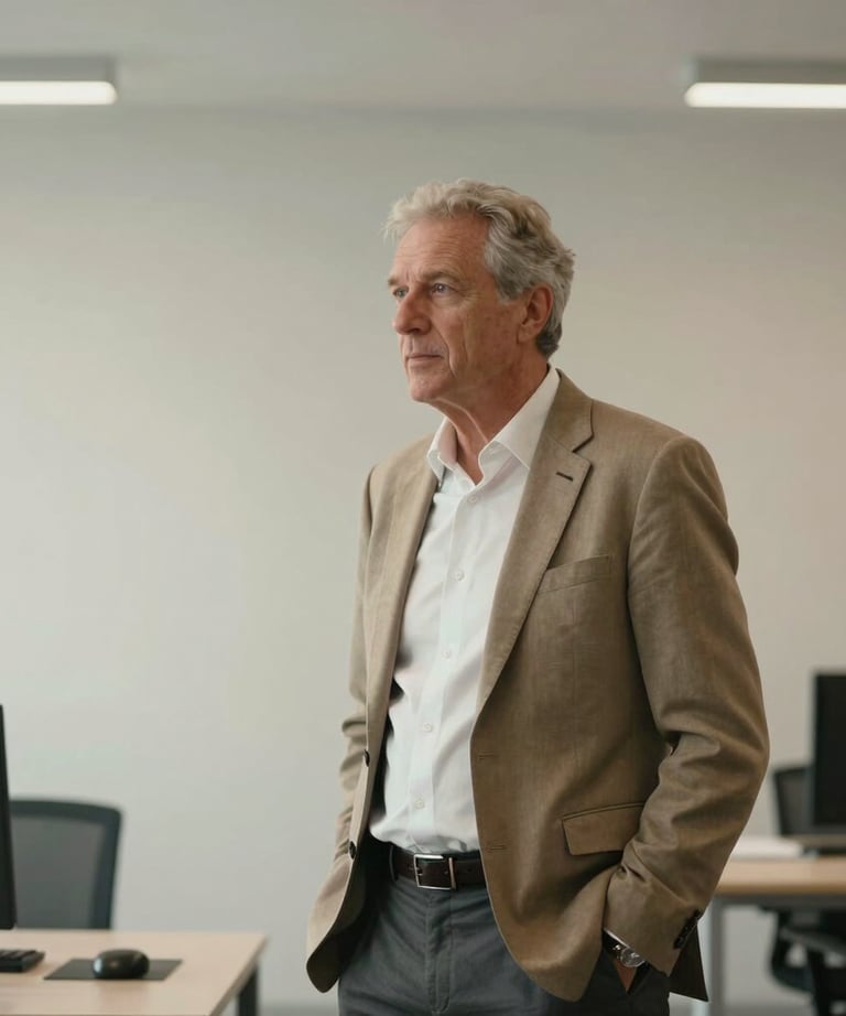 A professional candid of a senior strategist in a minimalist, modern office. Soft cinematic lighting with off-white and tan tones. International setting.