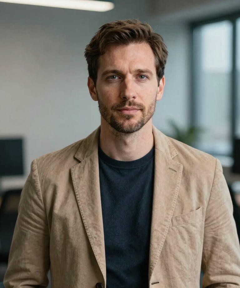 A portrait of an international creative director in a professional setting. The mood is trustworthy and results-oriented. Soft lighting with tan and steel blue accents.