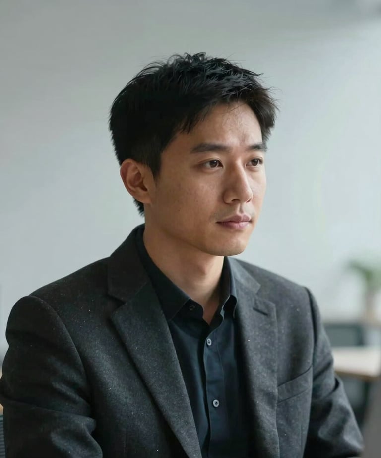 Portrait of a digital media expert in a focused environment, soft light, professional attire, modern minimalist background. International setting.