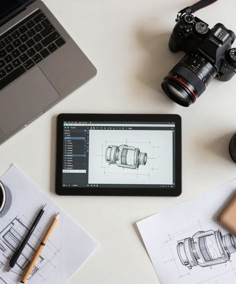 A top-down view of a designer's workspace featuring high-end digital tools, a camera, and architectural sketches. Off-white and tan color palette.