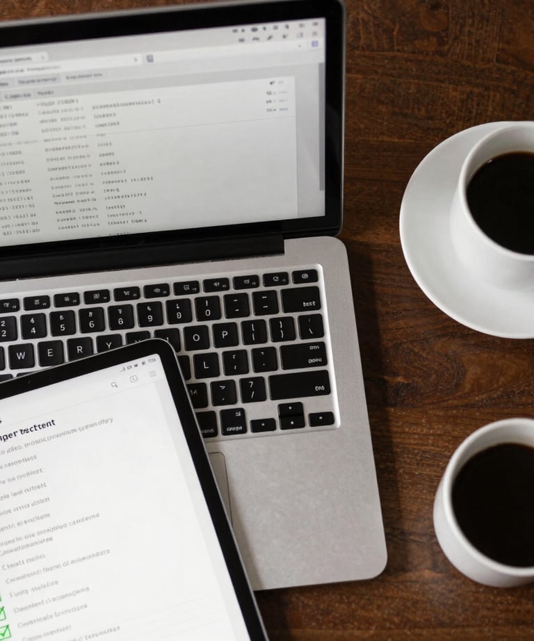 A top-down view of a workspace with a laptop, a tablet, and a cup of coffee. The tablet shows a list of test cases with green checkmarks. Clean and professional.