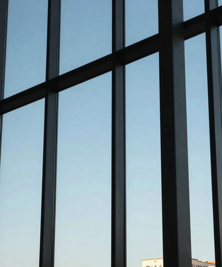 An abstract, professional shot of modern office windows reflecting a blue sky. The composition is clean and geometric, representing precision.