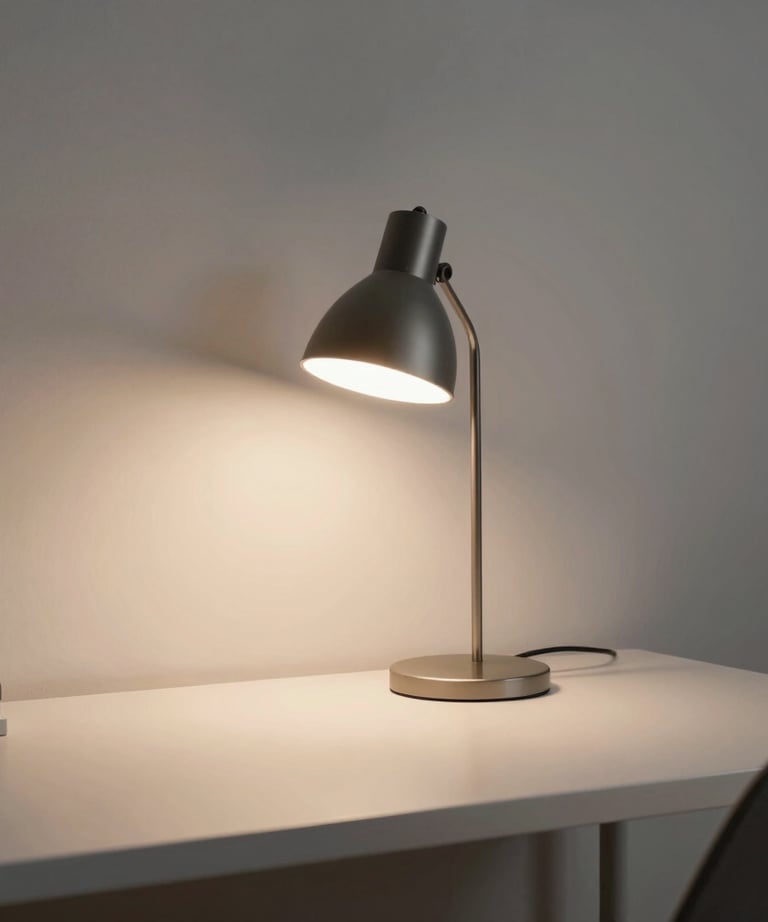A minimalist desk setup with a single modern lamp casting a warm glow over a clean workspace, emphasizing a calm and focused work atmosphere.