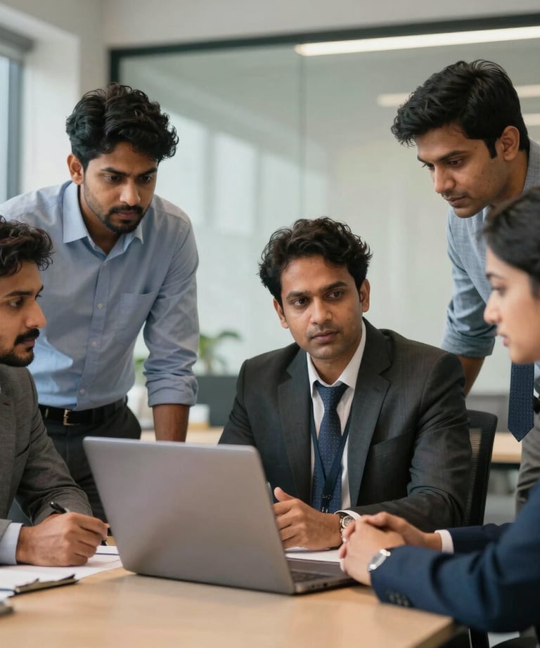 A group of professional colleagues in a South Asian office environment having a focused discussion around a table with a laptop. The lighting is soft and collaborative.