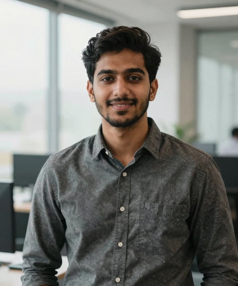 A professional and friendly portrait of a young South Asian man, Hassan Daniyal, in a modern, well-lit office environment. He is wearing business casual attire, looking confidently towards the viewer with a slight smile. The background is softly blurred, showing subtle hints of technology. Natural light from a large window illuminates the scene, creating a clean and inviting atmosphere. The composition is a mid-shot, highlighting his approachable and professional demeanor.