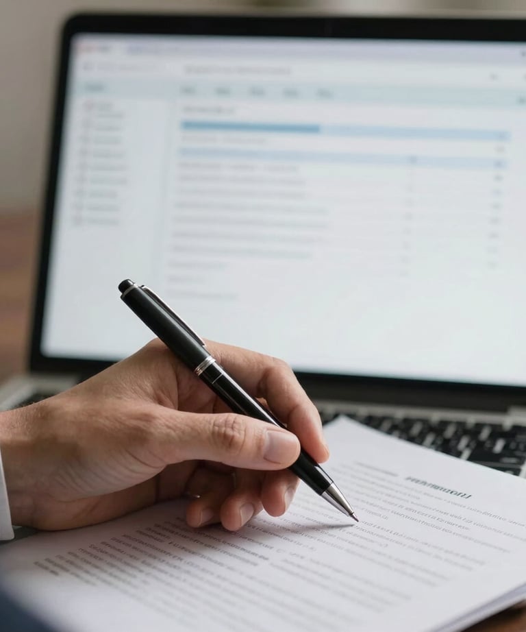A close-up photograph of a person in professional attire holding a pen over a document. In the background, a laptop screen shows a project management tool. Muted, professional tones.