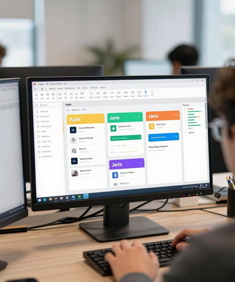 A professional setup with multiple monitors in a bright office. One monitor displays a project management board with several cards, symbolizing Agile and Jira workflow.