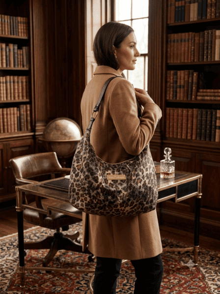 A woman in a tan coat carries a leopard print hobo shoulder bag in a classic library setting.