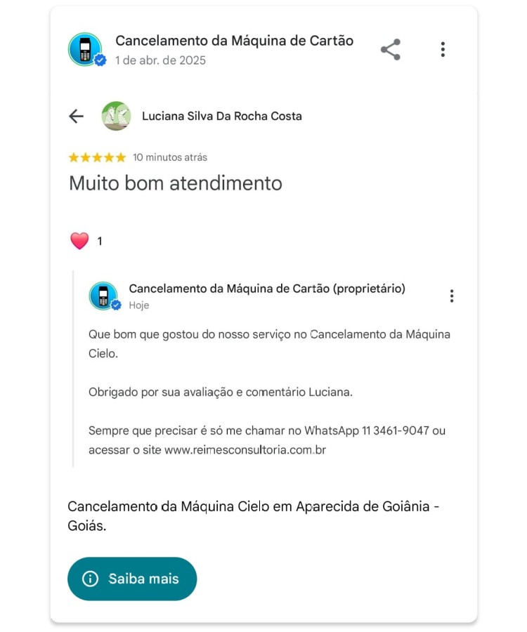 Cancelamento da Maquina Cielo em Aparecida de Goiania Goias