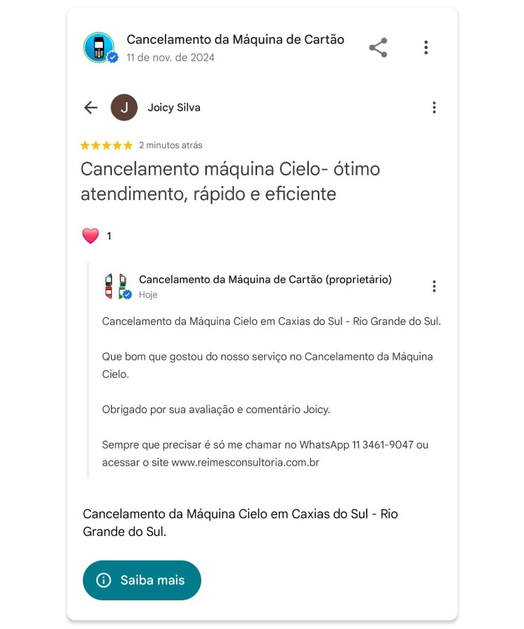 Cancelamento da Maquina Cielo em Caxias do Sul Rio Grande do Sul