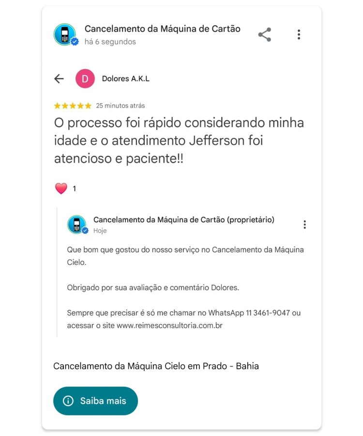 Cancelamento da Maquina Cielo em Prado Bahia