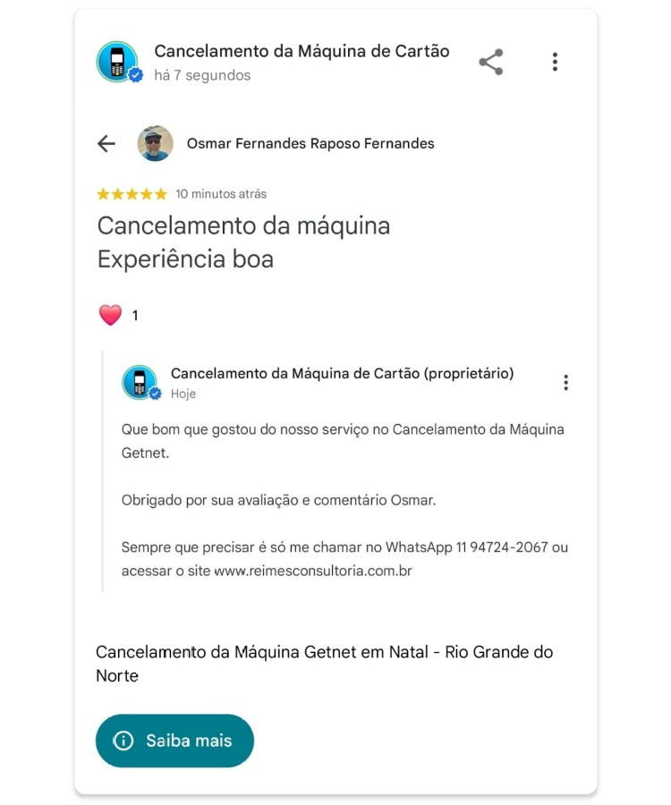 Cancelamento da Maquina Getnet em Natal Rio Grande do Norte