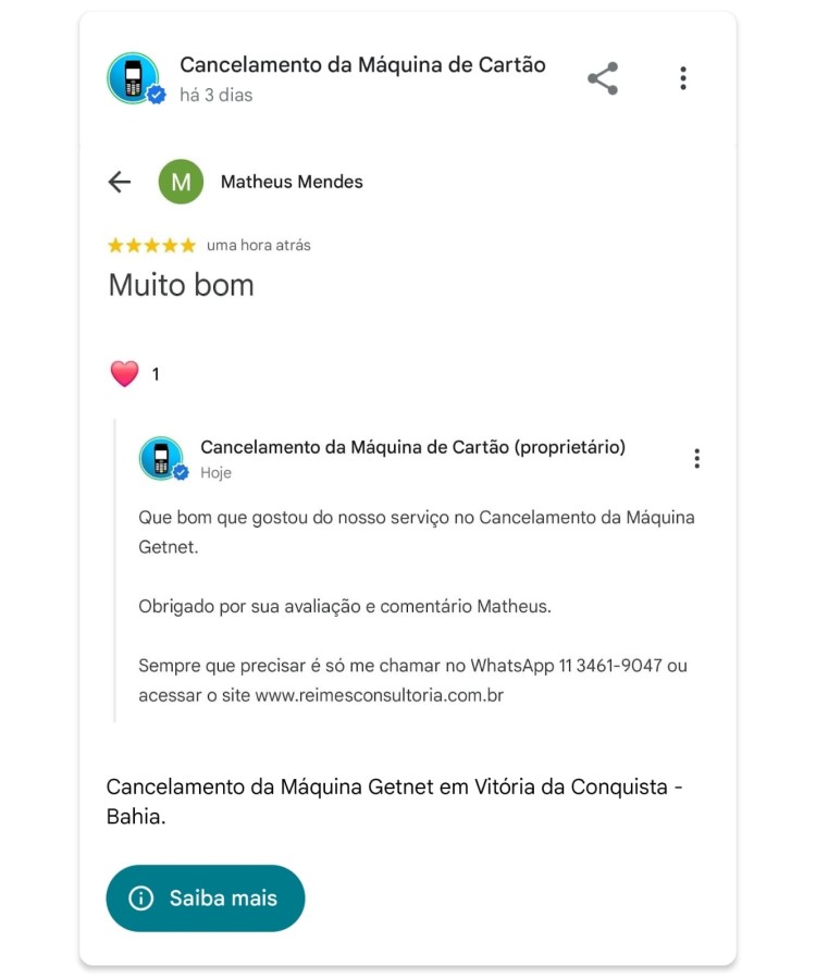 Cancelamento da Maquina Getnet em Vitoria da Conquista Bahia