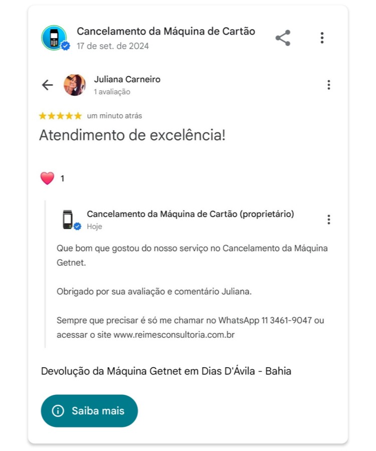 Devolucao da Maquina Getnet em Dias D Avila Bahia