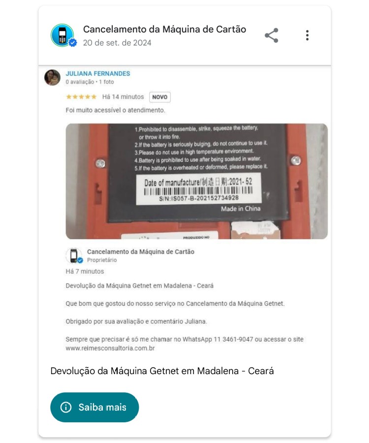 Devolucao da Maquina Getnet em Madalena Ceara