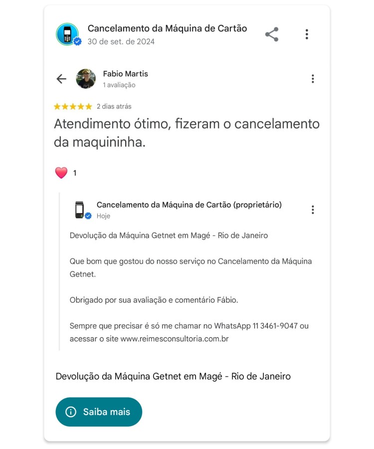 Devolucao da Maquina Getnet em Mage Rio de Janeiro