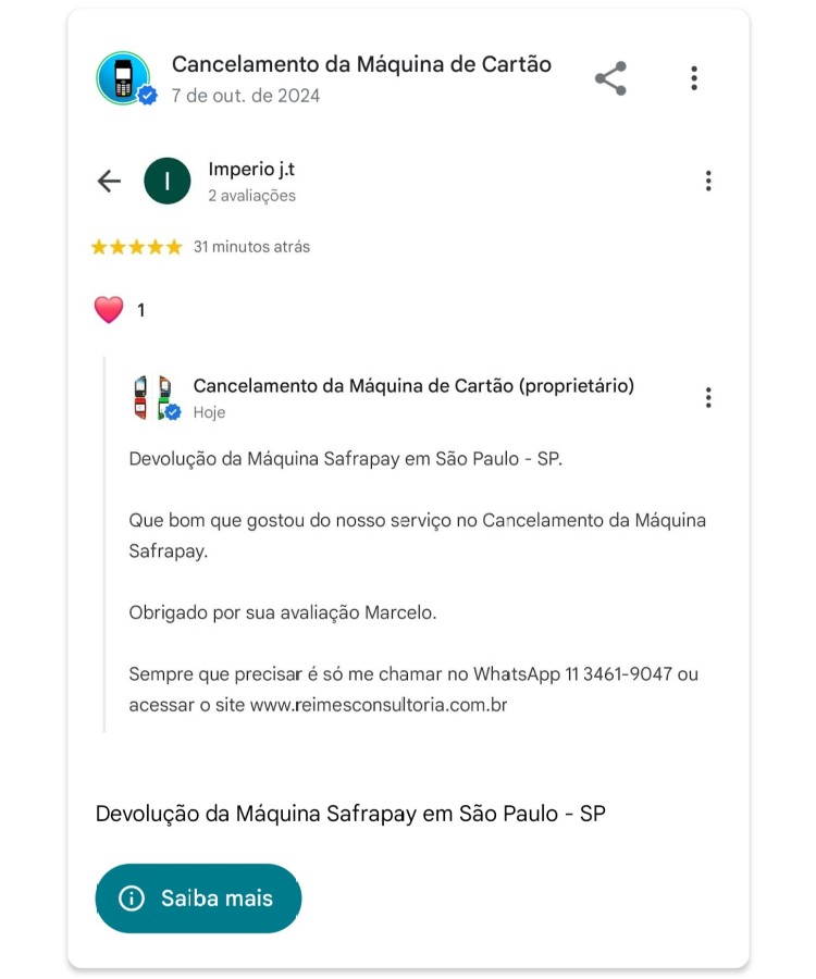 Devolucao da Maquina Safrapay em Sao Paulo SP