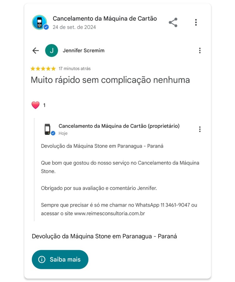 Devolucao da Maquina Stone em Paranagua Parana