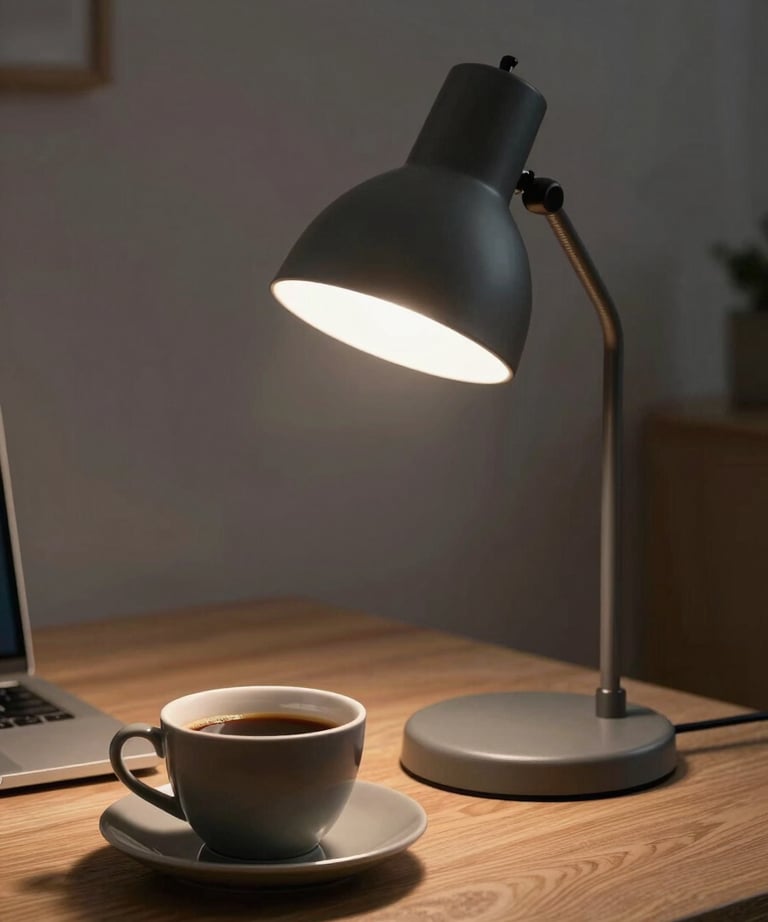 Cinematic photography of a sleek, dark-grey modern desk lamp illuminating a workspace with a single ceramic cup of coffee.