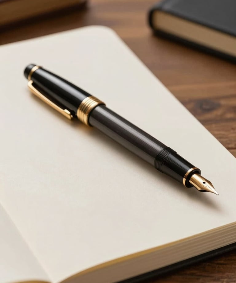 Close-up of a premium fountain pen resting on a blank high-quality journal, shot in a modern Middle Eastern study with warm wood accents.