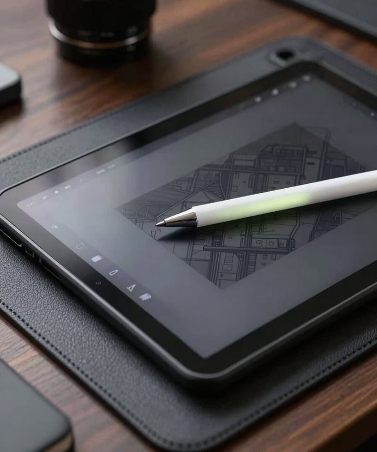 A close-up of a digital drawing tablet with a glowing pen, resting on a leather-textured desk pad in a dark room.