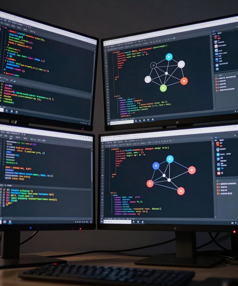 Low-angle shot of three modern computer monitors displaying lines of high-quality software code and AI node graphs in a dark-themed designer studio.
