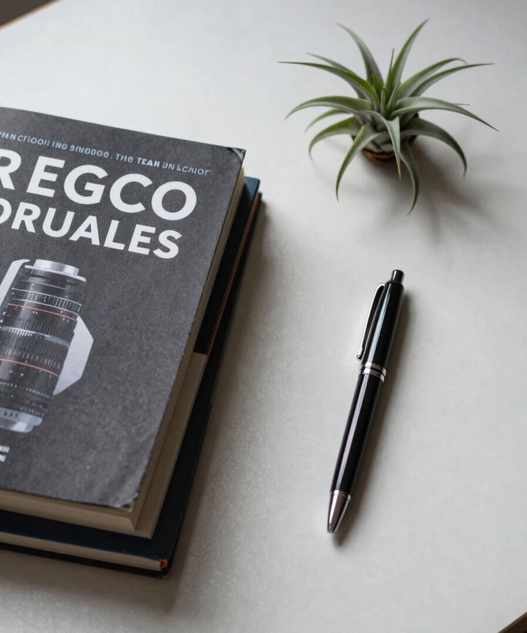 Top-down view of a minimalist desk with a neat stack of tech books, a single airplant, and a high-end designer pen.