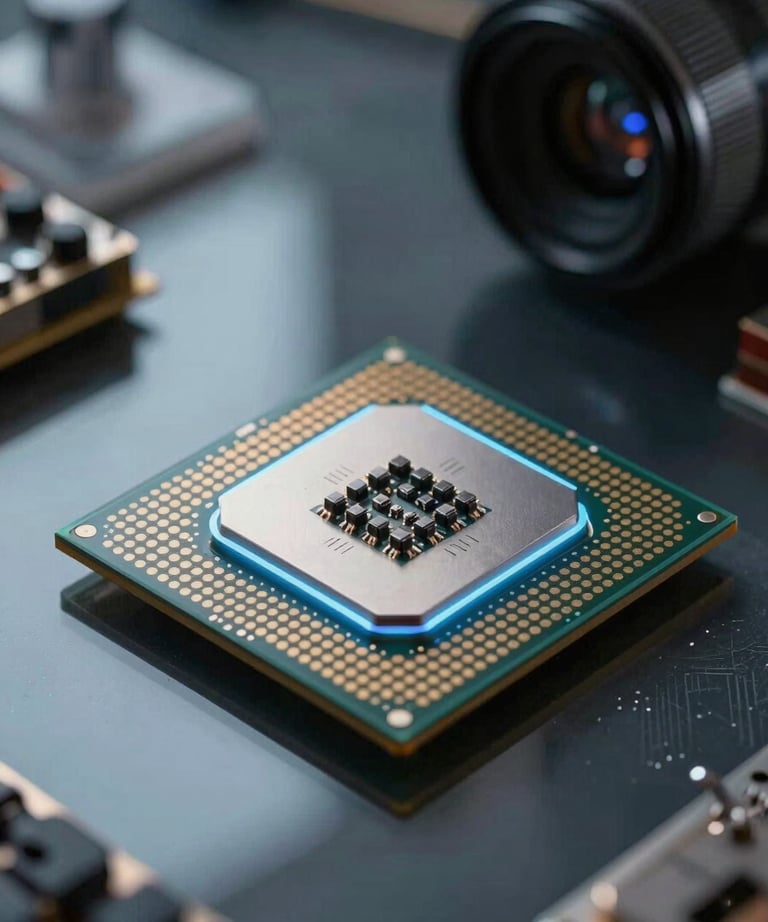 Macro shot of a high-tech processor glowing with soft blue light, sitting on a dark glass surface with reflections of a modern Middle Eastern workspace.