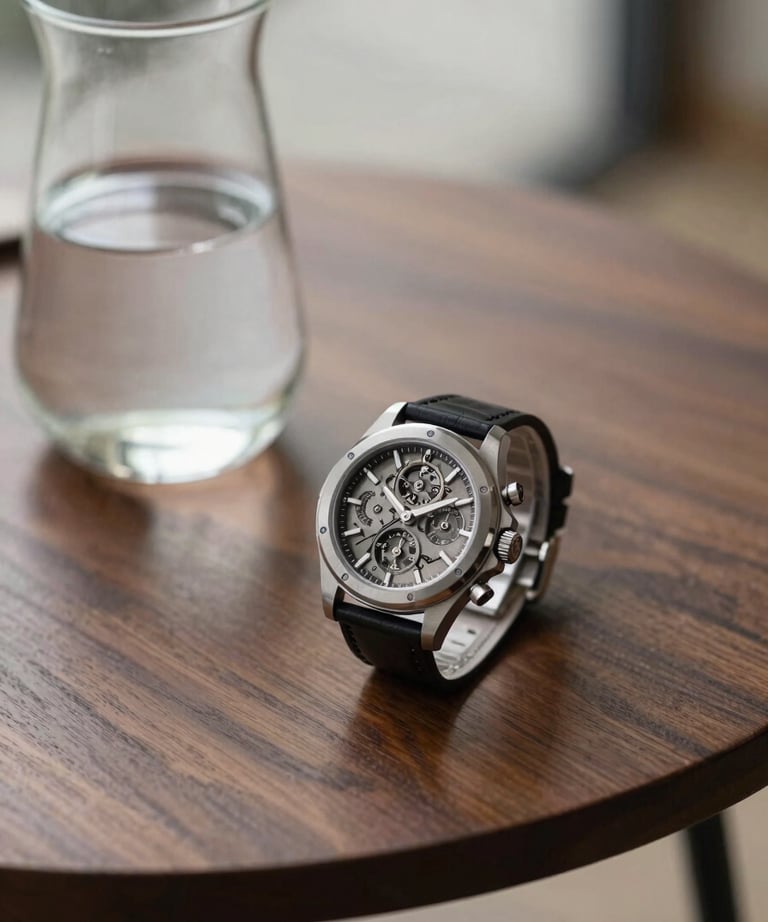 A premium close-up of a designer coffee table with a small glass carafe of water and a high-end mechanical watch, shot in soft morning light.