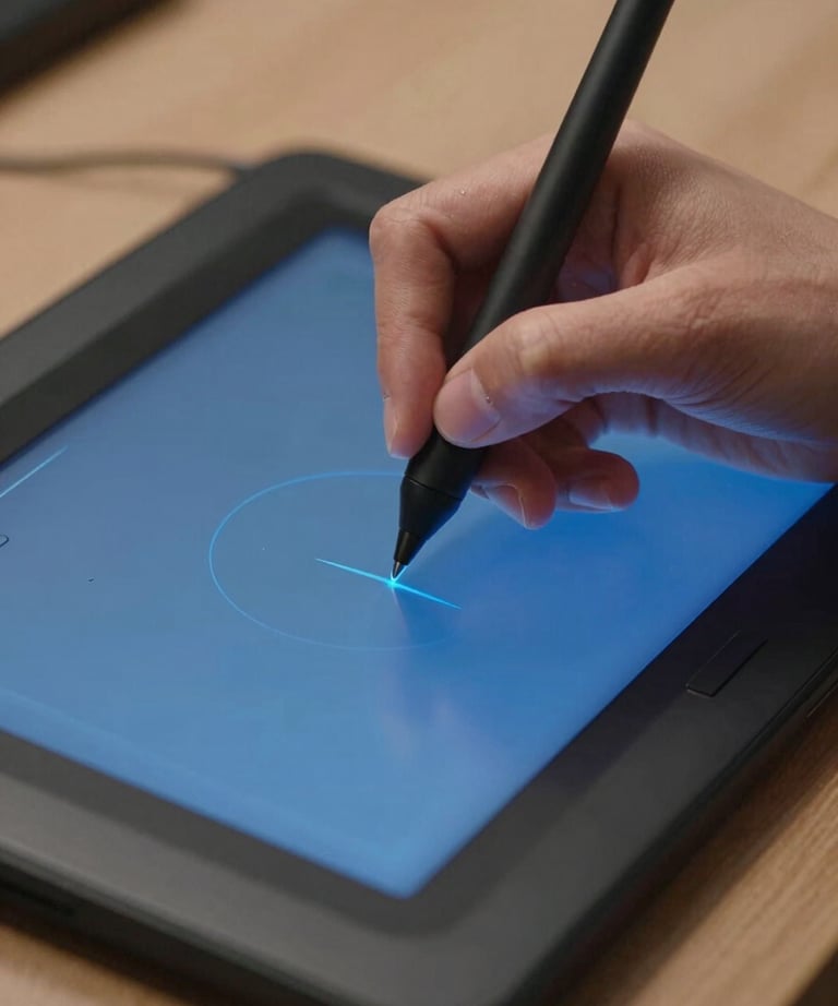 Close-up photography of a designer's hand using a high-precision stylus on a glowing blue digital drawing tablet.