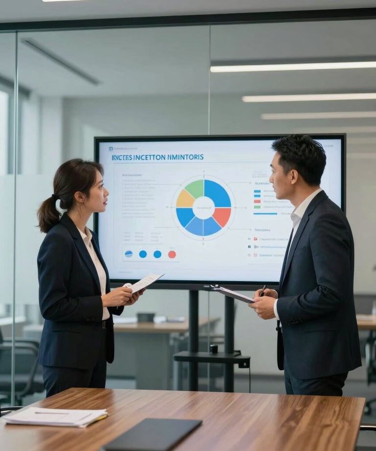 Two professionals in a meeting room with glass walls, discussing a strategy on a screen. North American / International high-end corporate setting.