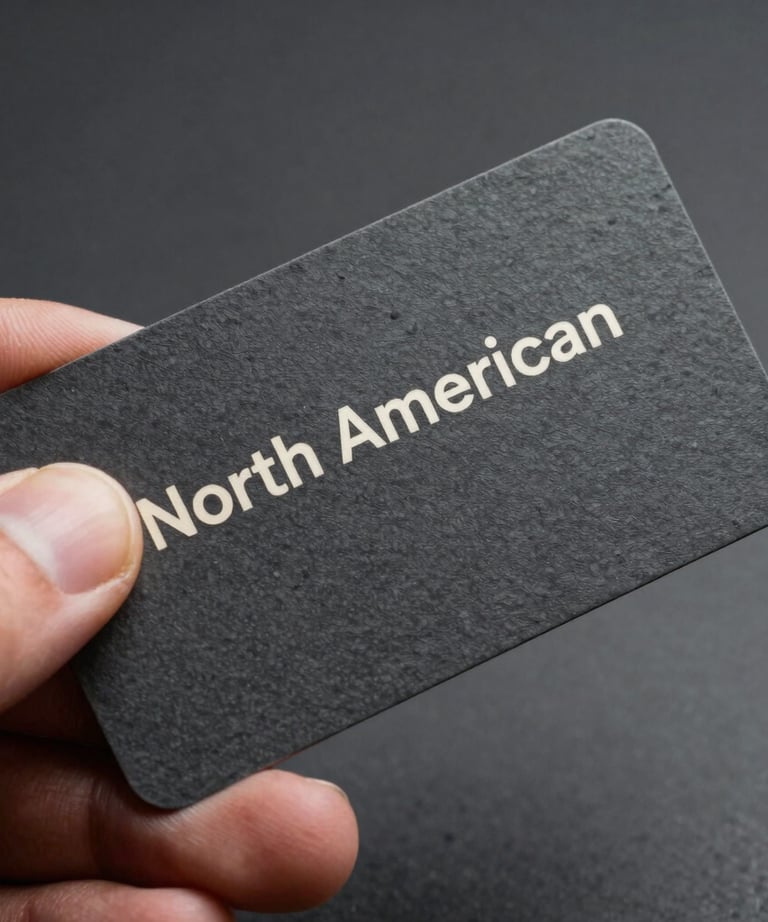 A close up of a hand holding a high-quality textured business card. Slate color with off white typography. North American / International style.