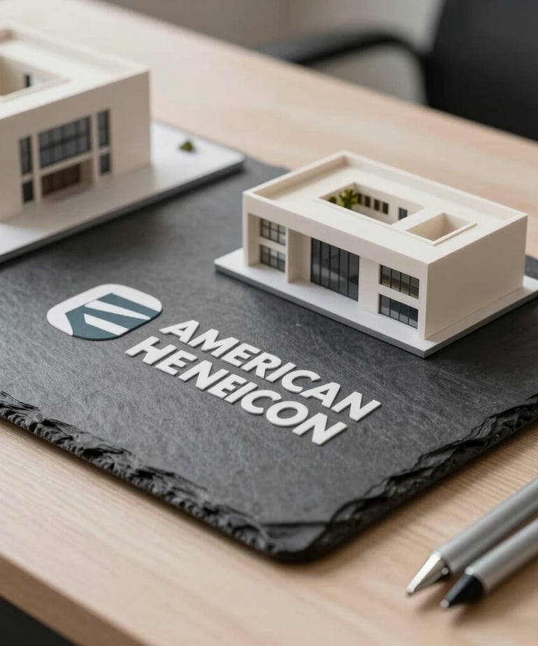 A professional desk with a small architectural model and a set of pens. Slate and off white colors. North American / International design firm.
