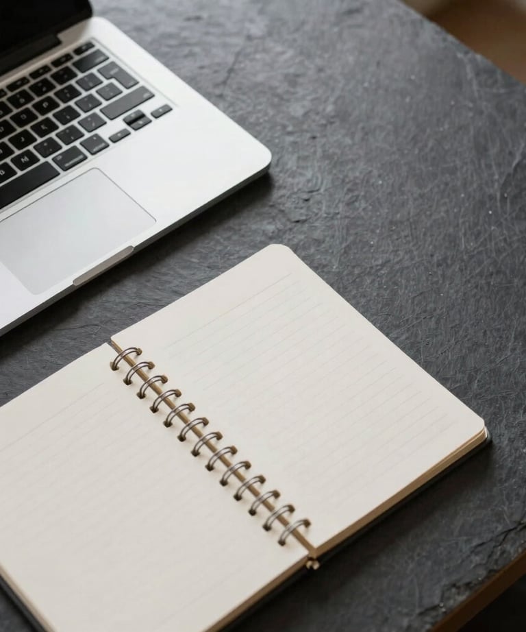 Overhead view of a minimalist workspace with a sleek laptop and a notepad. Soft natural light, slate and off white palette, North American / International office setting.