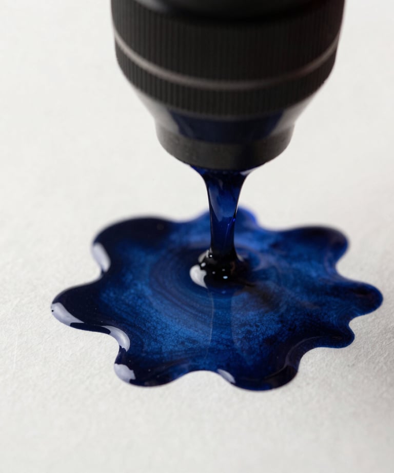 Macro shot of ink on high-quality paper. Deep navy blue on off white, reflecting precision and craft. North American / International feel.