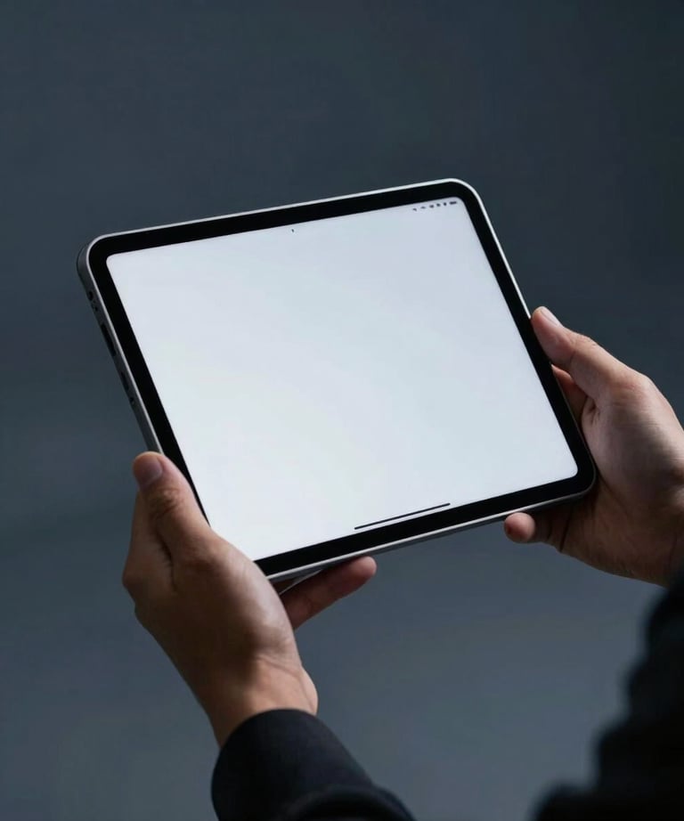 A professional in a modern studio environment, focusing on a tablet screen. Minimalist background in dark blue grey. North American / International professional aesthetic.