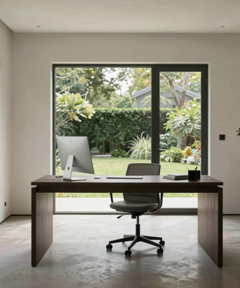 Wide shot of a minimalist home office with a view of a garden. Peaceful, professional, and elegant North American / International interior.