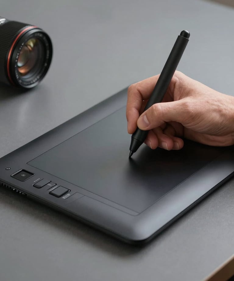 A designer's hand using a precise stylus on a high-tech drawing tablet. Minimalist slate-colored surroundings. North American / International studio.