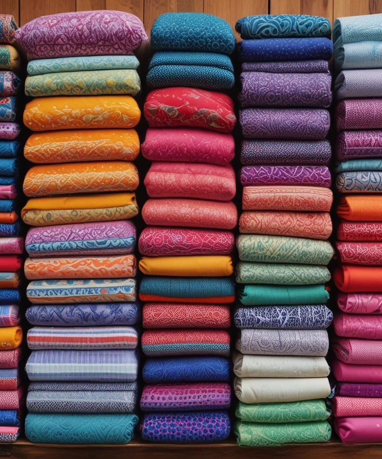 Neatly folded colorful kurtas and suits stacked on a wooden table, showcasing fabric textures.